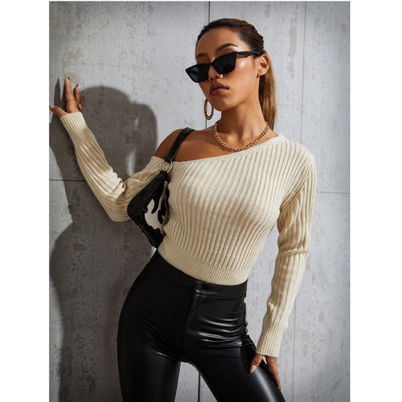 Rouge! Sweaters - Asymmetric One Shoulder Beige Rib Knit Sweater